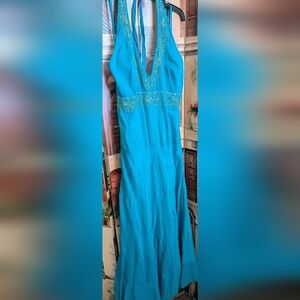Angels Teal Maxi Halter Dress with Embroidery